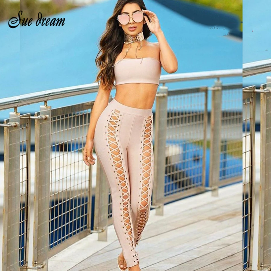 Женский бандажный комплект из двух предметов топ и штаны без бретелек клубный с