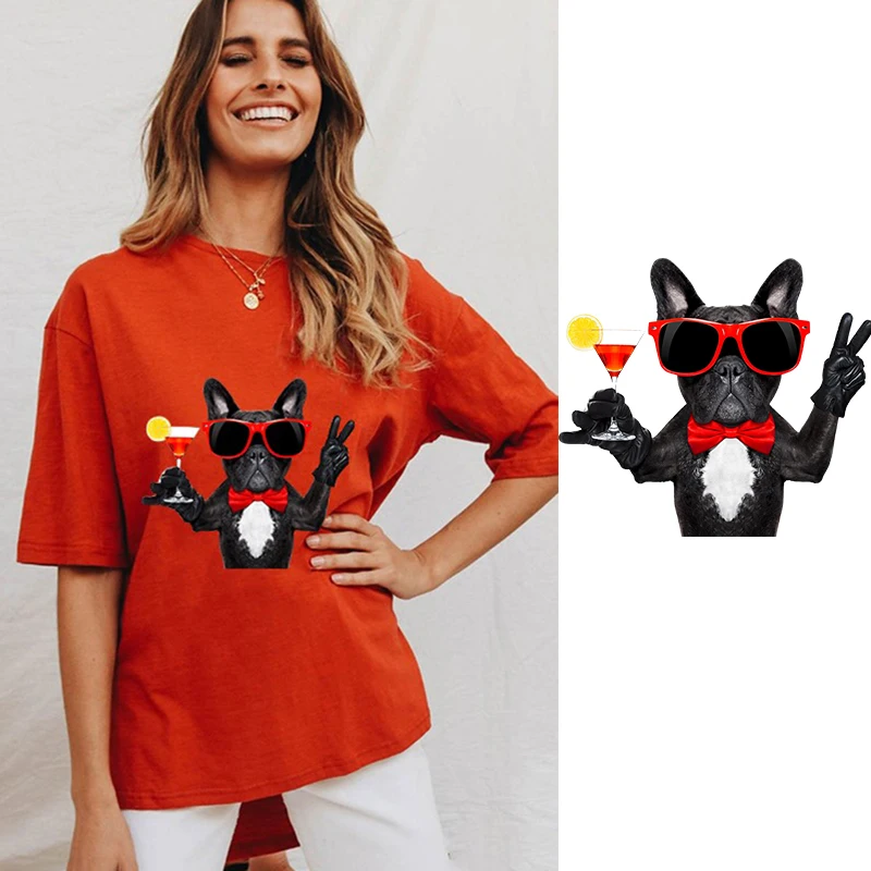 

French Bulldog Cocktail Mexican Martini Patch Iron on Heat Transfer Printing Patches Stickers for Clothes DIY Appliques Washable