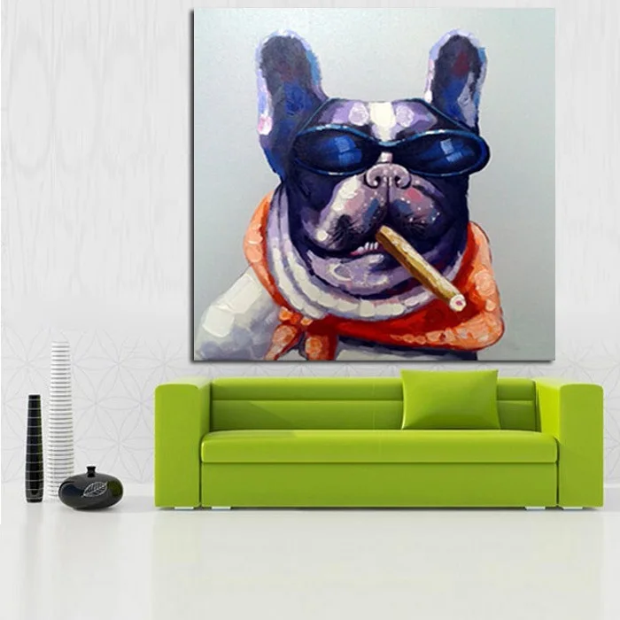 

Hand Painted Hot Sell Animal Painting Smoking Dog With Glass Canvas Oil Paintings Home Decor For Living Room