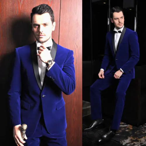 2019 Costume Men Suit Groom Tuxedo Royal Blue Velvet Slim Fit Wedding Prom Formal Mens Suits With Pants