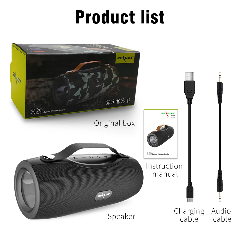 ZEALOT S29 портативная Bluetooth колонка с басами сабвуфер FM радио беспроводная уличная