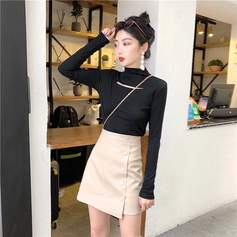 Mini Skirt 2018 Autumn Winter New Arrivals Khaki Black Leather Side Single Button Skirts Womens Korean Fashion Sexy | Женская одежда