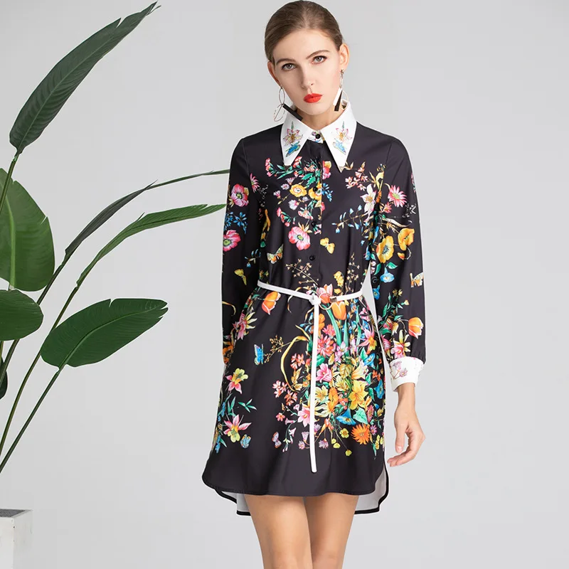 2019 Для женщин Подиумные платья с отложным воротником длинным рукавом бисером