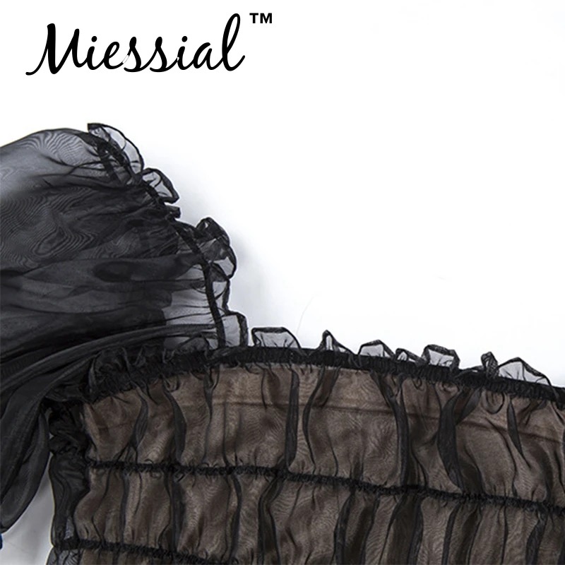 Miessial, черные сетчатые зимние сексуальные топы с оборками и квадратным вырезом, женские короткие топы с пышными рукавами, женские прозрачные вечерние клубная блуза, Топ