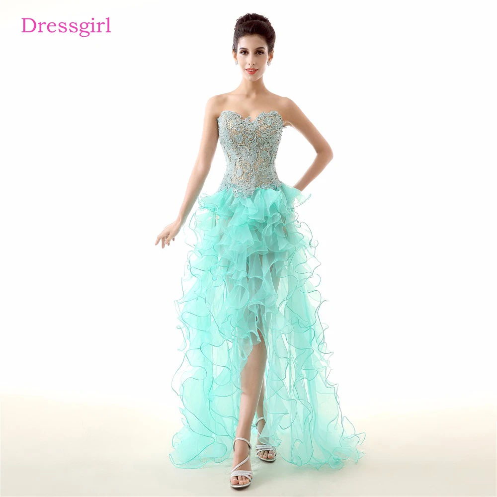 

Mint Green Prom Dresses A-line Sweetheart Beaded Lace Organza Hi Low Backless Sexy Prom Gown Evening Dresses Robe De Soiree