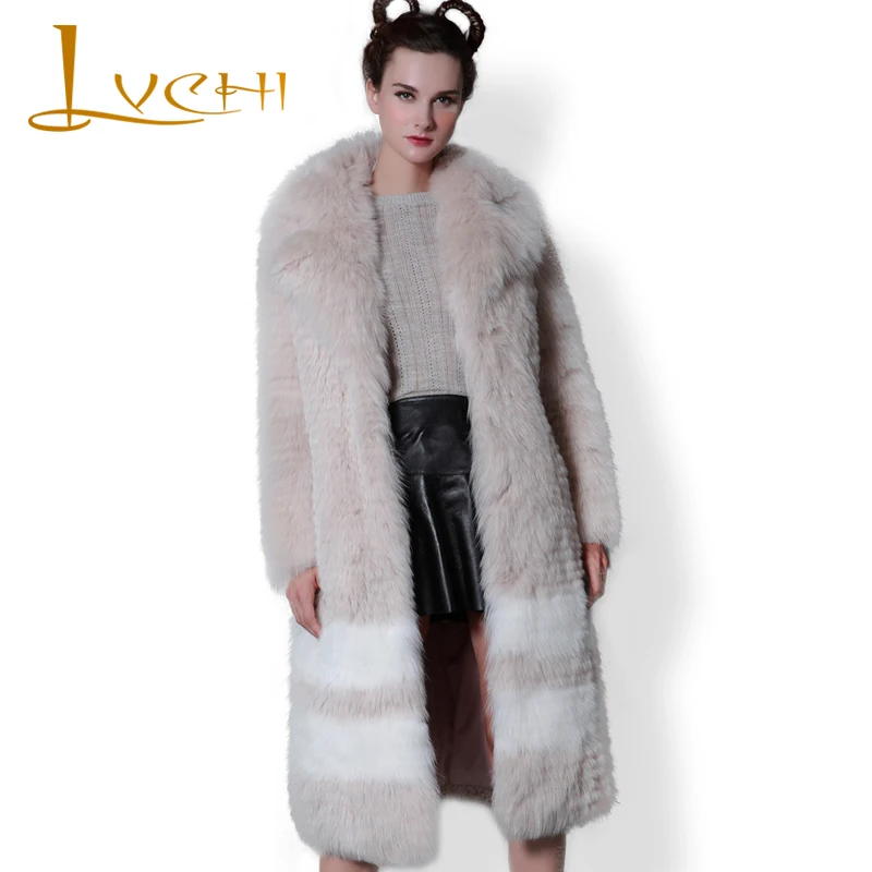 

LVCHI High-end custom fur store Women's clothing real leather fox fur fashion striped polo collar coats winter fox fur long coat