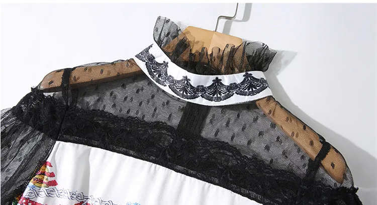 Летнее элегантное кружево короткий рукав сетки Ruffled Воротник Vestido Винтаж печати лоскутное женское платье рыбий хвост Вечерние Платье Миди