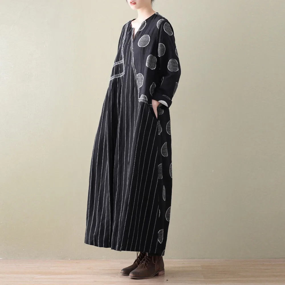 2018 New Spring Women Cotton Linen Dress Patchwork Long Sleeve Striped Dots Casual Vintage Robe Plus Size Clothing | Женская одежда