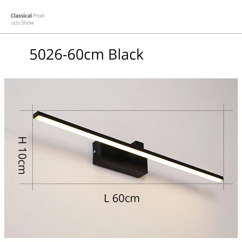 Black 60cm Светодиодный Ванная комната настенный светильник зеркало с подсветкой черный/белый цвет 400/600/800/1000/1200 мм современный макияж зеркало с Ванная Комната Комод светодиодный зеркало с подсветкой led лампа - Цвет абажура: Black 60cm