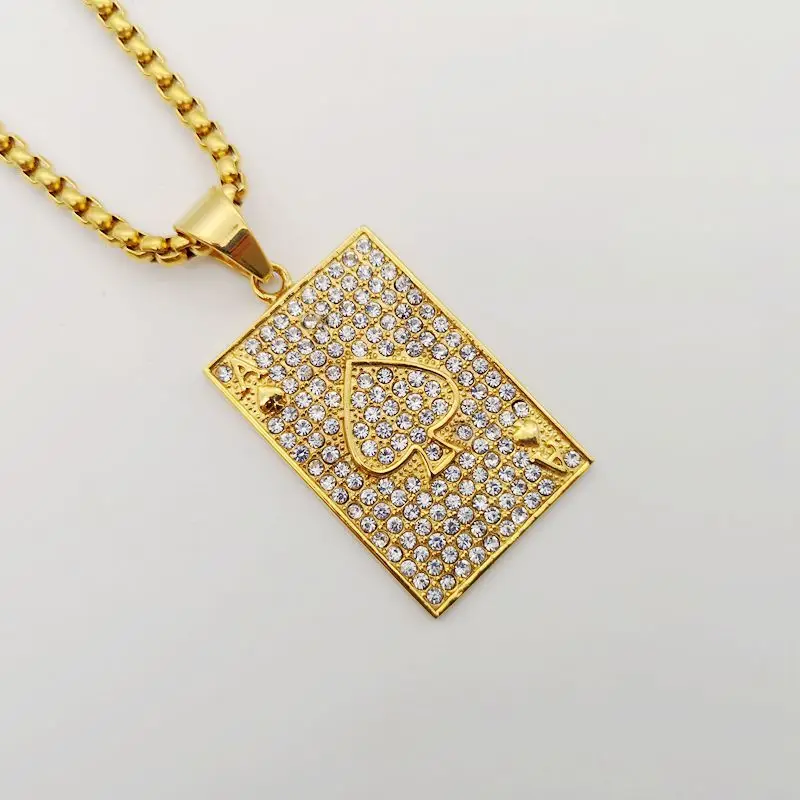 

Gold color Poker cards Spade A necklace pendants Full CZ stones Iced out Gold color stainless steel Spade A necklace BLKN0800
