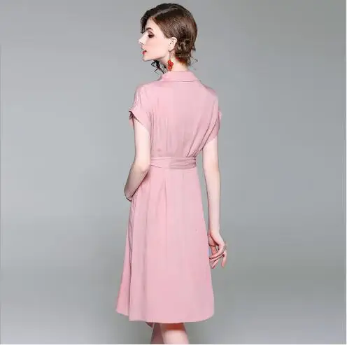 Women Dress 2018 New Summer Long Style Pleated Belt Female Outwear Fashion Casual Turn Down Collar Slim Fit Swing | Женская одежда