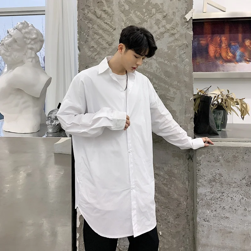 

M-XL!Spring and autumn new two kinds of wearing alternative long-sleeved shirts tide brand men's ins solid color personality whi