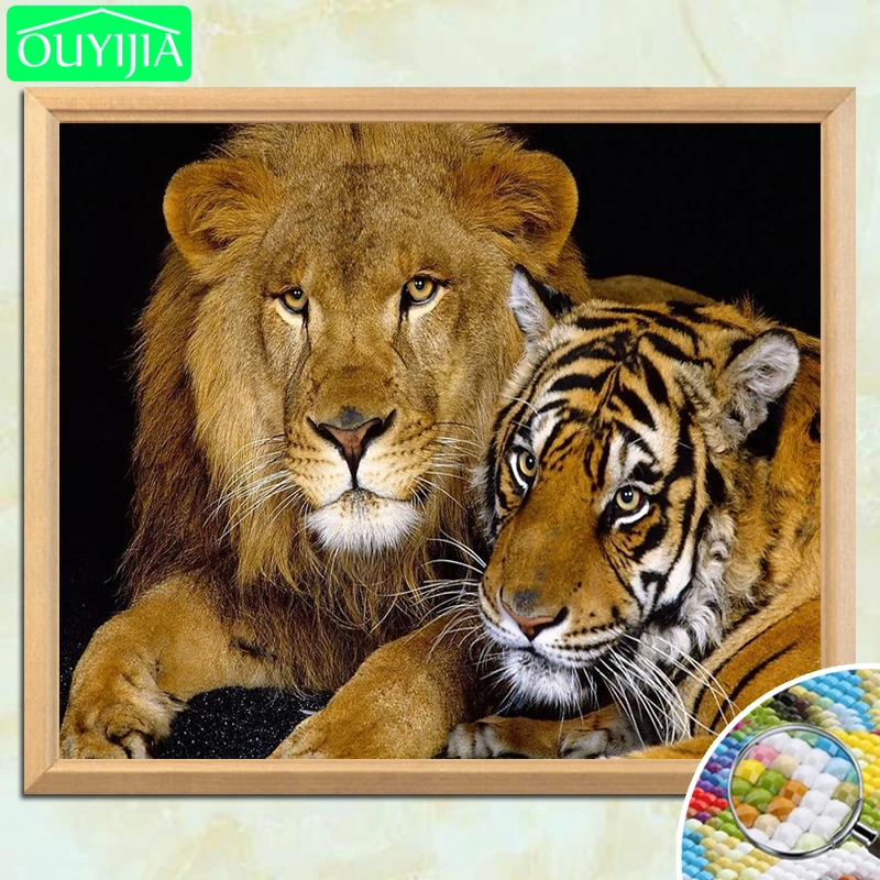 Алмазная 5D картина Лев и Тигр OUYIJIA полноразмерная вышивка стразы