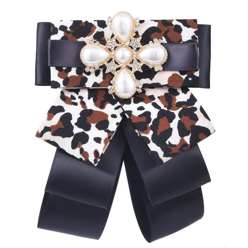 Fashion leopard bow brooch exaggerated retro collar flower large pearl tie | Ties