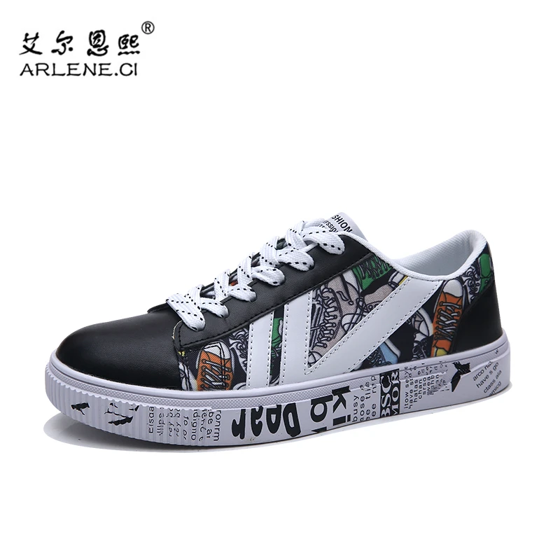 Мужские кроссовки из искусственной кожи с граффити спортивные на плоской