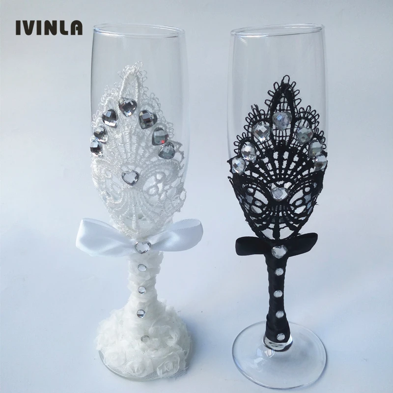 

1 pair white and black lace Wedding Twine Flutes Toasting Burlap Glasses Wedding Champagne Bride and Groom Glasses