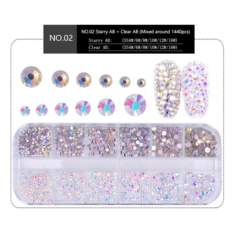 Стеклянные стразы для ногтей разных размеров 1 коробка задняя часть AB