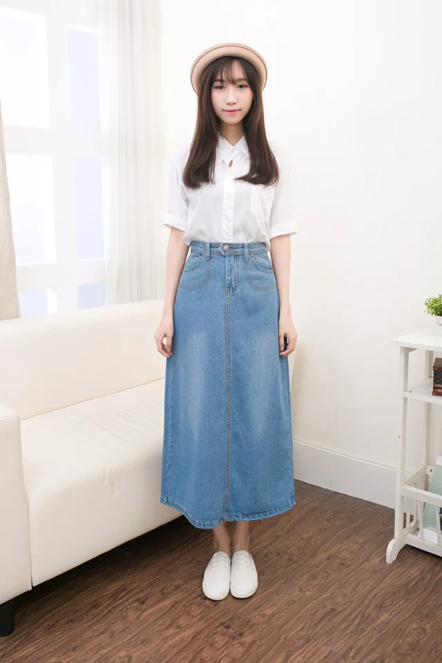 Women Lady Denim Skirt High Waist Long Big Swing Slim Elegant Pocket Blue | Женская одежда