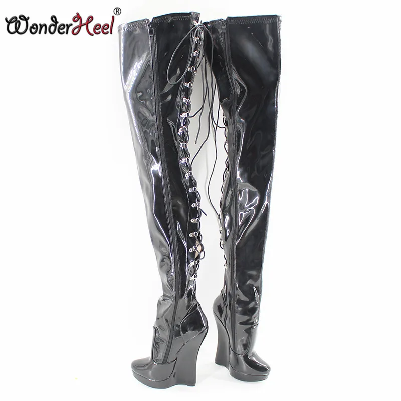 Wonderheel/высокие сапоги до бедра на очень высоком каблуке 7 дюймов пикантные сапоги до промежности на высоком каблуке Модные лакированные сапоги на платформе со шнуровкой сзади