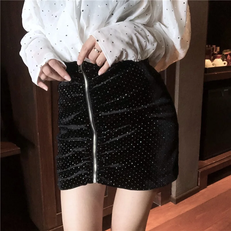 Harajuku пайетки на молнии черный Bodycon Карандаш Короткая юбка Высокая Талия мини