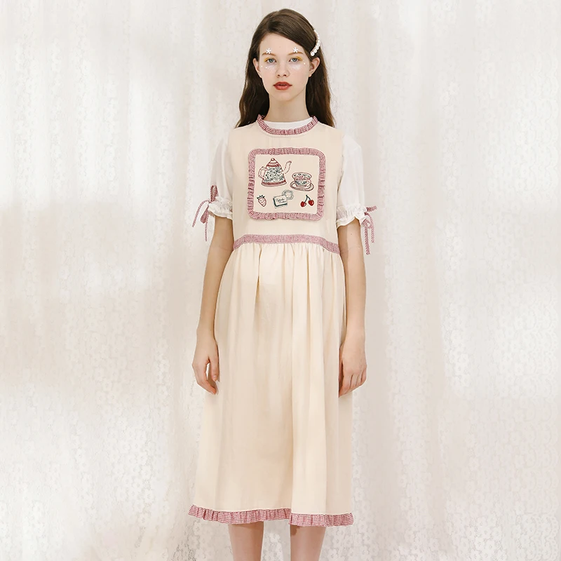 Платье женское хлопковое с круглым вырезом свободного кроя оборками бантом без