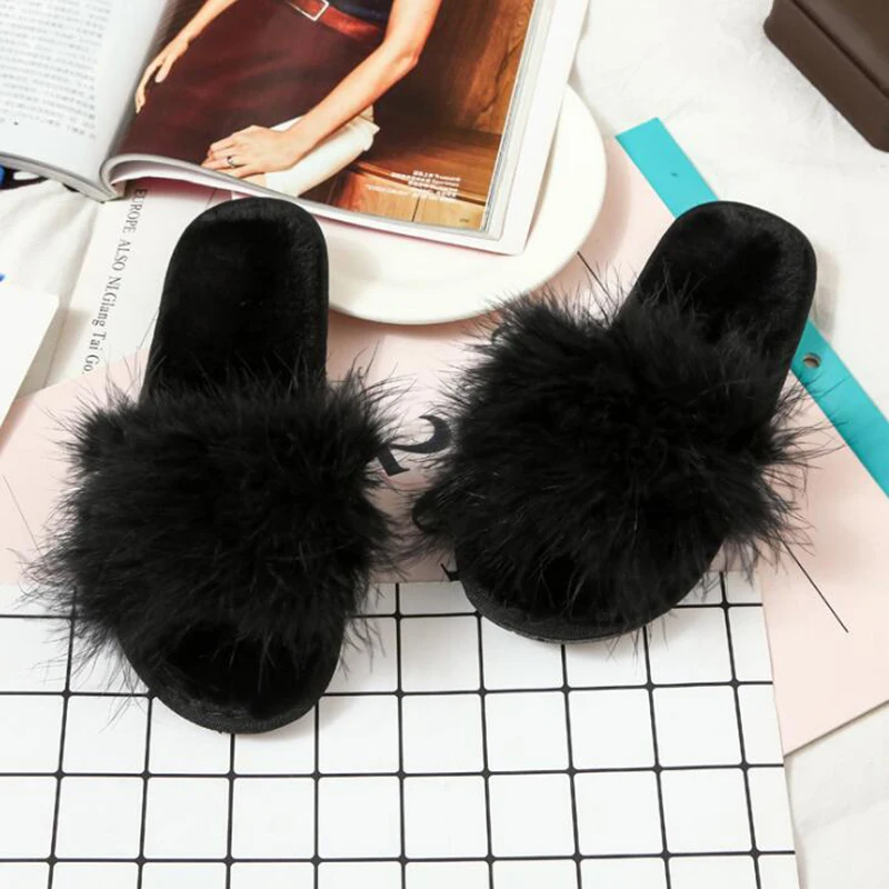 Женские меховые тапочки ostrich hair домашние пушистые слайдеры Плюшевые Пушистые