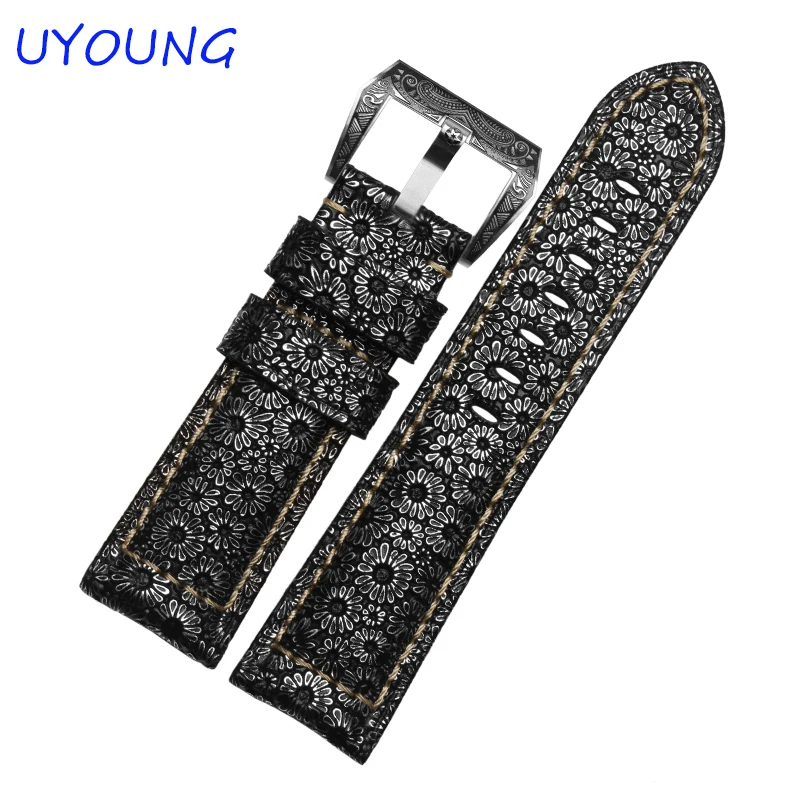 

Quality Petal pattern Genuine Leather Watch band 22mm 24mm 26mm Sterling Silver Retro Buckle For Panerai Mens Watch accessories