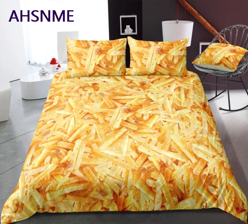 AHSNME, настоящий 3D Рисунок, тема для еды, набор, полиэстер, золотой картофель фри, Комплект постельного белья, супер король, королева, полный, двойной размер, Комплект постельного белья
