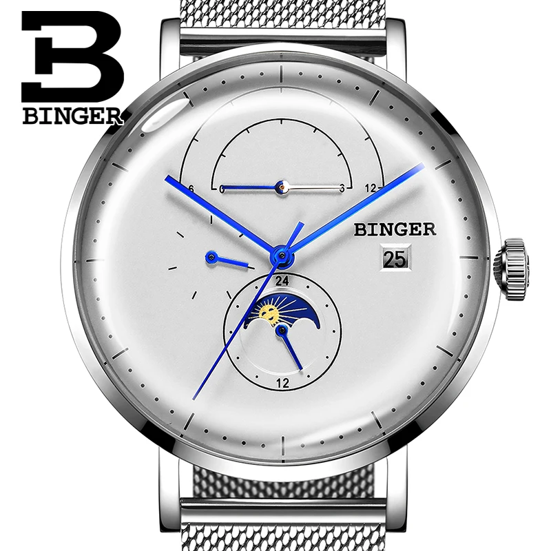 

Multifunction Mechanical Watches Men Switzerland BINGER Moon Phase Automatic Watch Men Sapphire Calendar Week Month Montre homme
