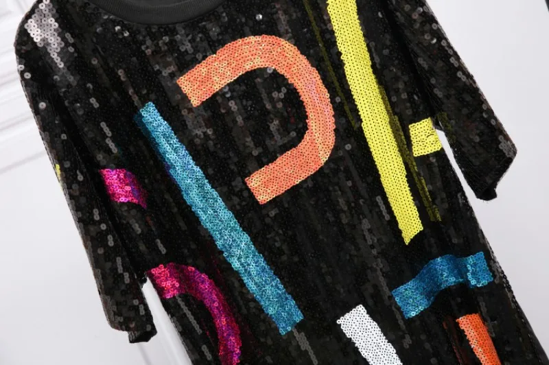Хип-хоп стиль бренд Мода Письмо Блесток несколько цветов Женская Футболка Пуловер с короткими рукавами средней длины Свободные топы тройники