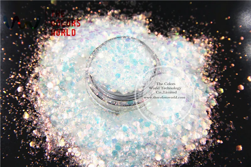 

TCR21-H1 Iridescent White color with bullion colorful Glitter Hexagon shapes Glitter for nail art DIY and Holiday's decoration