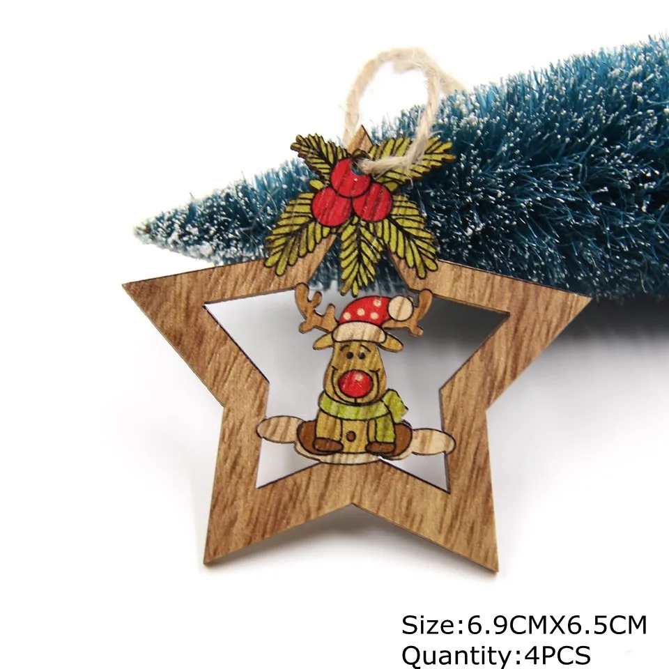 4PCS Star Printed Wooden Pendants Ornaments Xmas Tree Ornament DIY Wood Crafts Kids Gift for Home Christmas Party Decorations - Цвет: 4PCS Star Deer