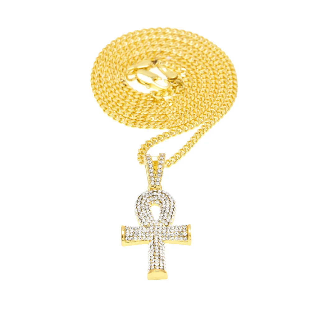 Iced out Ankh крест с веревкой/кубинская цепочка ожерелье мужские хип-хоп ювелирные