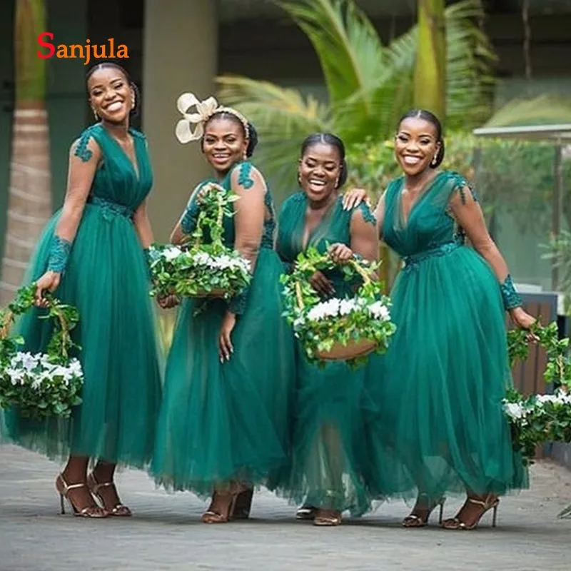 Dark Green Tulle A-Line African Bridesmaid Dresses Tea-Length V Neck Sheer Long Sleeve Maid of Honor Appliques D504 | Свадьбы и