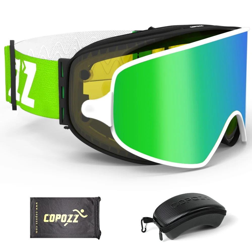 Green lens COPOZZ магнитные 2 в 1 лыжные очки с Чехол 2 линзы для ночного катания Лыжная Маска Анти-Туман UV400 сноуборд очки для мужчин и женщин - Цвет: Green lens