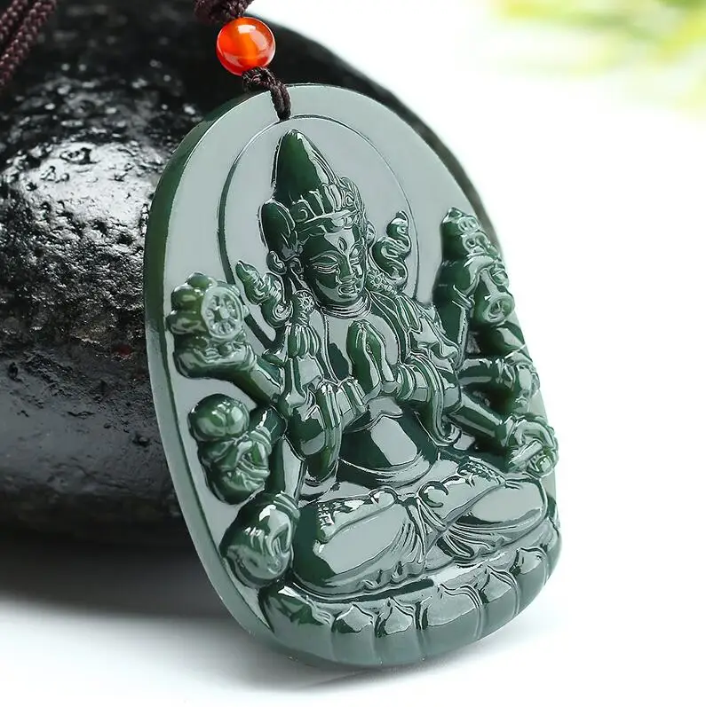 Кулон из натурального нефрита Гуаньинь, тысяча рук, Китай, Avalokitesvara, зеленое ожерелье, кулоны с веревочной подвеской