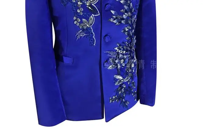 Blazer men Chinese tunic suit set with pants mens wedding suits costume singer stage Blue embroidery clothing slim formal dress | Мужская