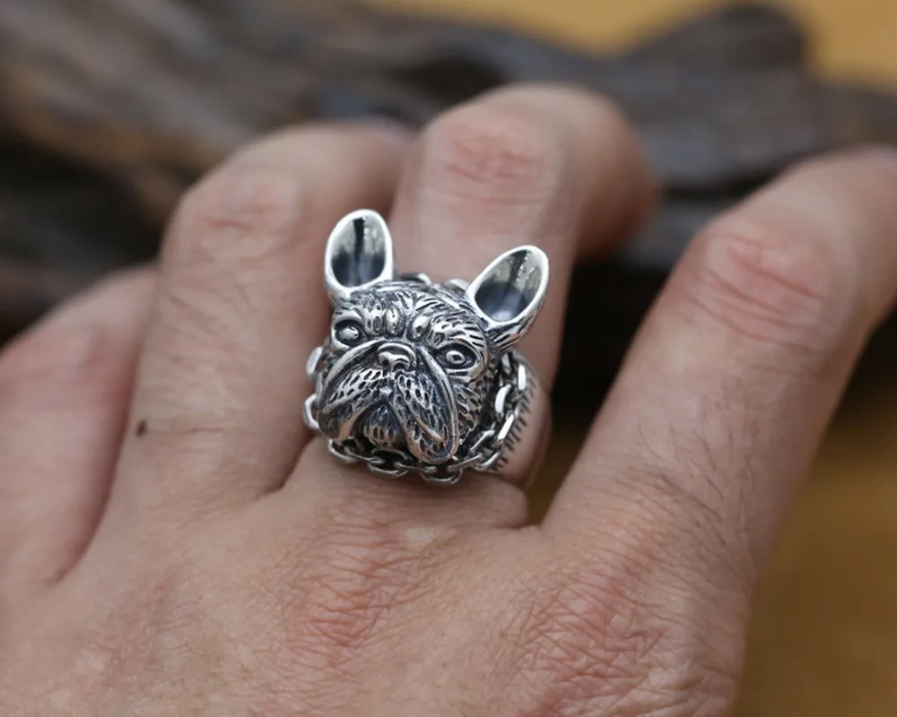 

Huge S925 Sterling Silver Pitbull Bulldog Ring Mens Biker Punk Ring Personal gift US 9~11.5 J141