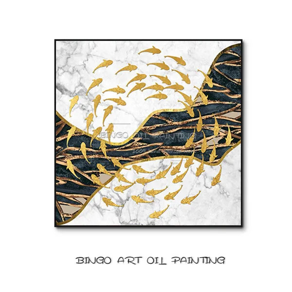 Fishes Painting B Ручная роспись высокое качество Изобразительное искусство абстрактная картина маслом рыба красота Золотая фольга искусство золотые рыбки картина маслом - Цвет: Fishes Painting B