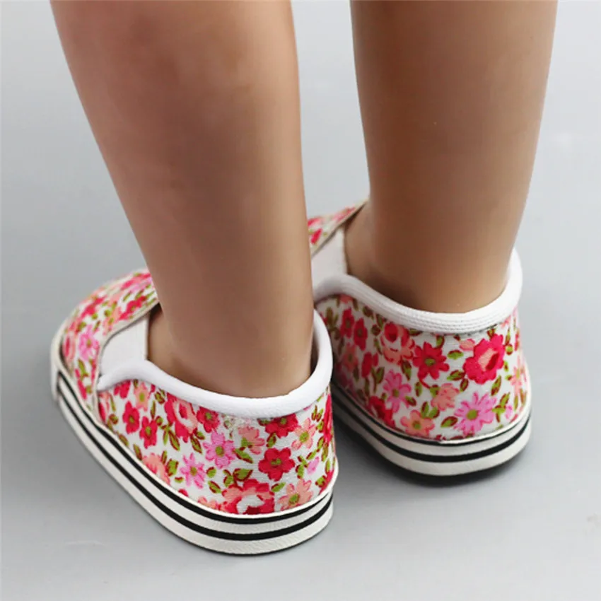 

New Pink Floral Fashion Girl Doll Shoes 7cm for 18 inches American Doll and 43cm PU Doll Round Toe Shoes Dolls Accessories