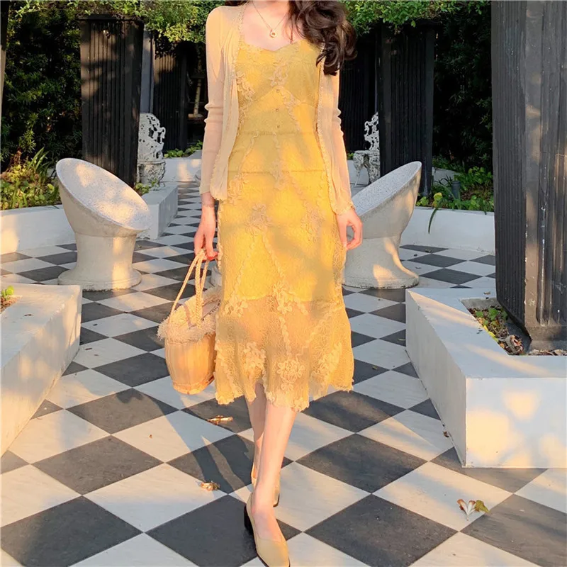 Korean Women 2 Piece Sets 2019 Sunscreen Cardigan And Lace Dress Two Summer Fashion Matching Outfits Sweet Suits | Женская одежда