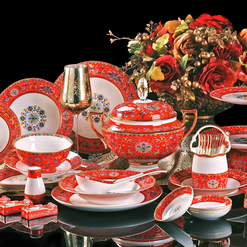 

86pieces colour enamels Bone China tableware suit Jingdezhen High grade dishes Home Housewarming Marriage Hotels Clubs