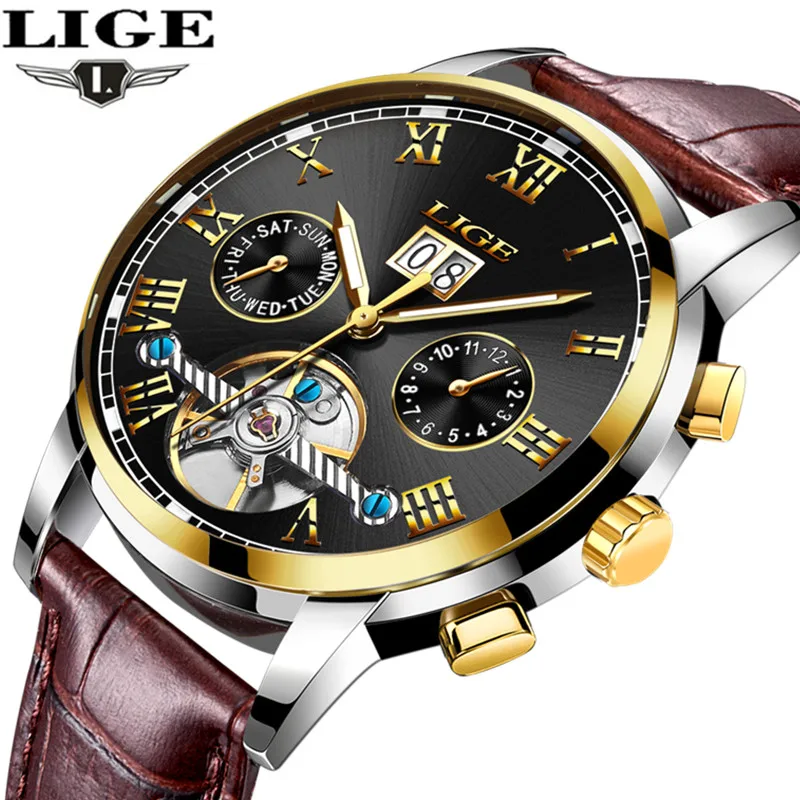 LIGE водонепроницаемые автоматические механические часы мужские кожаный ремешок