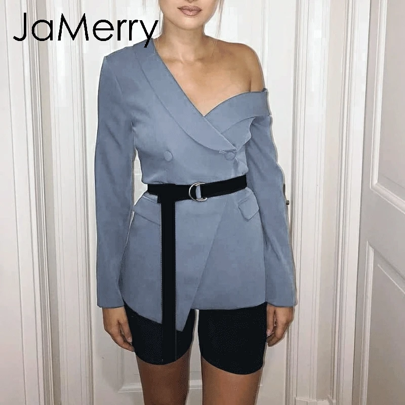 JaMerry, винтажный, асимметричный, рукав, блейзер с v-образным вырезом, Одноцветный, тонкая талия, поддельный карман, пиджак, Женский блейзер, для офиса, для девушек, блейзер, пальто