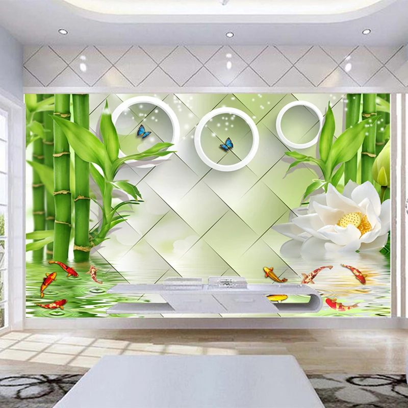 Фотообои в китайском стиле Lotus Circle Бамбуковая природа пейзаж 3D настенная