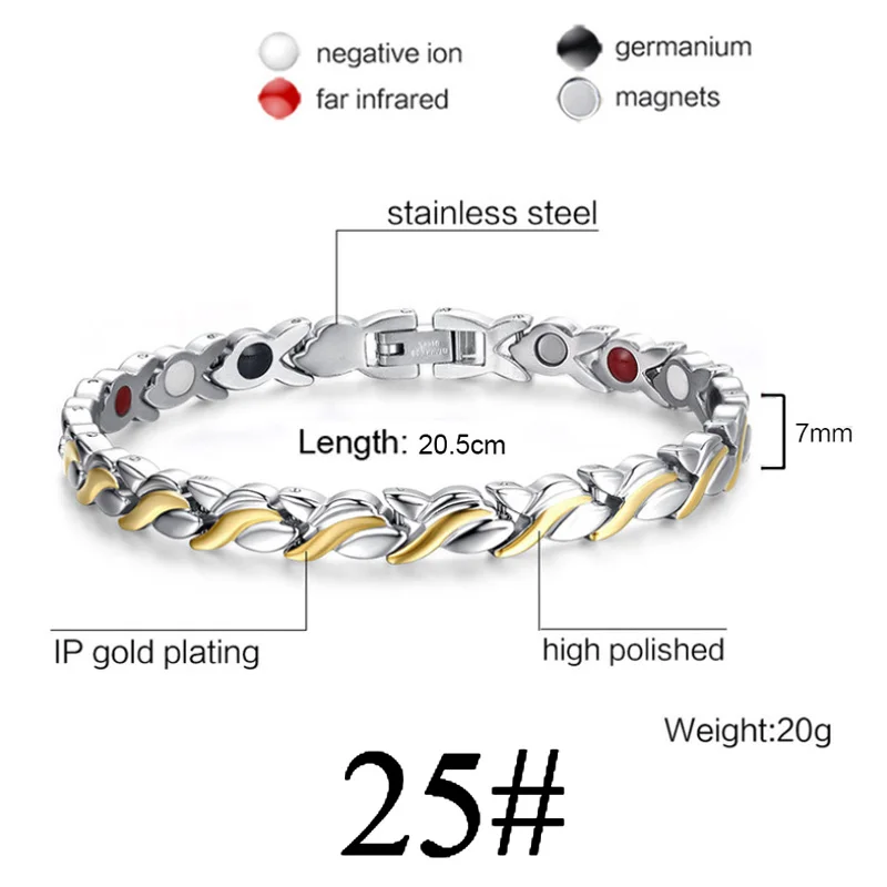 Gold Silver 25 Для женщин и мужчин, забота о здоровье, германий, магнитный браслет для артрита и карпального туннеля, 316L, нержавеющая сталь, терапевтические браслеты - Окраска металла: Gold Silver 25