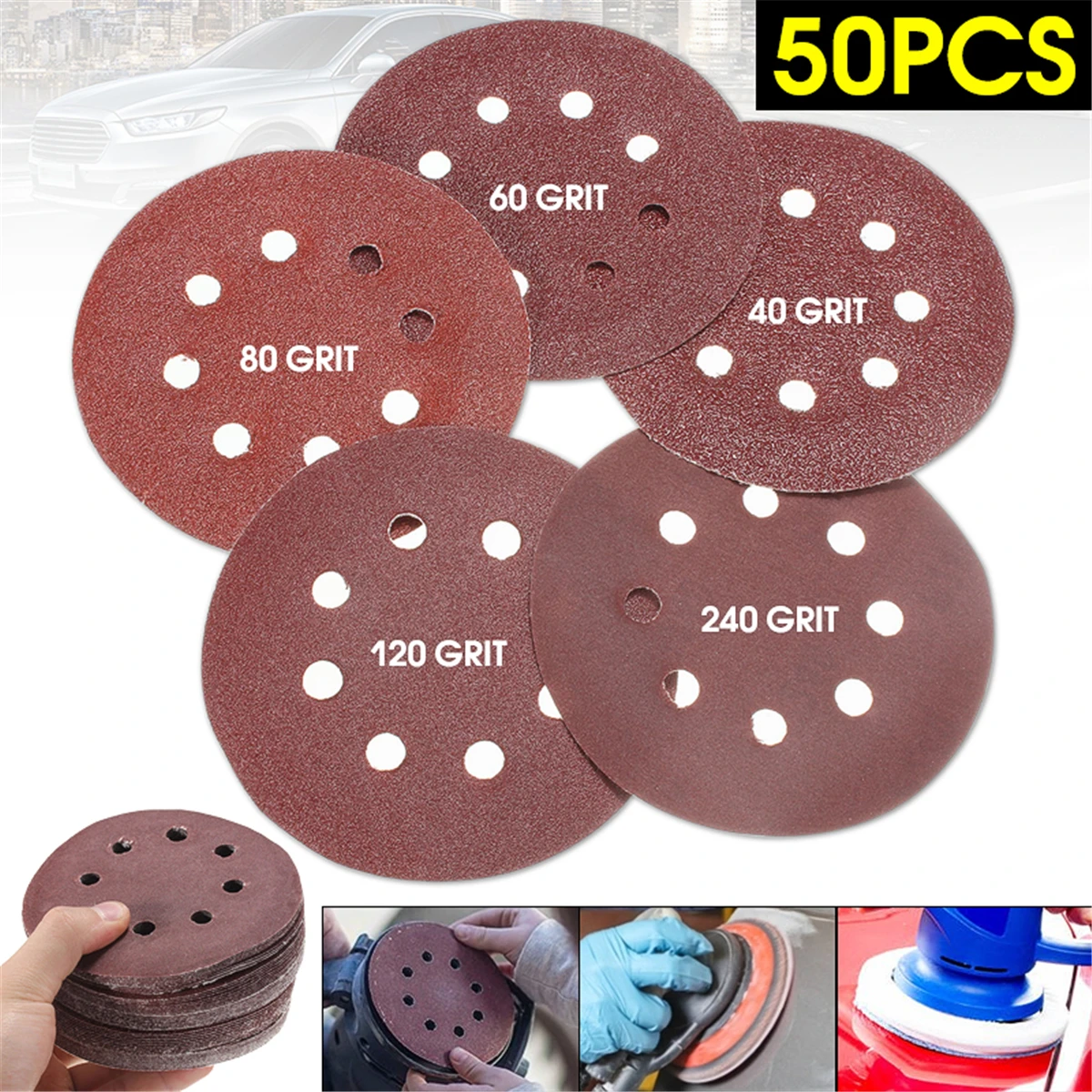 50pcs/Set 125mm Sanding Disc Round Shape 8 Hole Mixed 40 60 80 120 240 Grit Orbital Paper Punch Sheet Sandpaper Polisher Sanders |