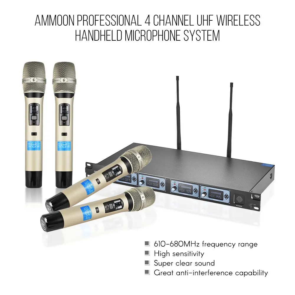 ammoon 4D-B Professional 4 Channel UHF Wireless Handheld Microphone System Microphones 1 Receiver | Спорт и развлечения