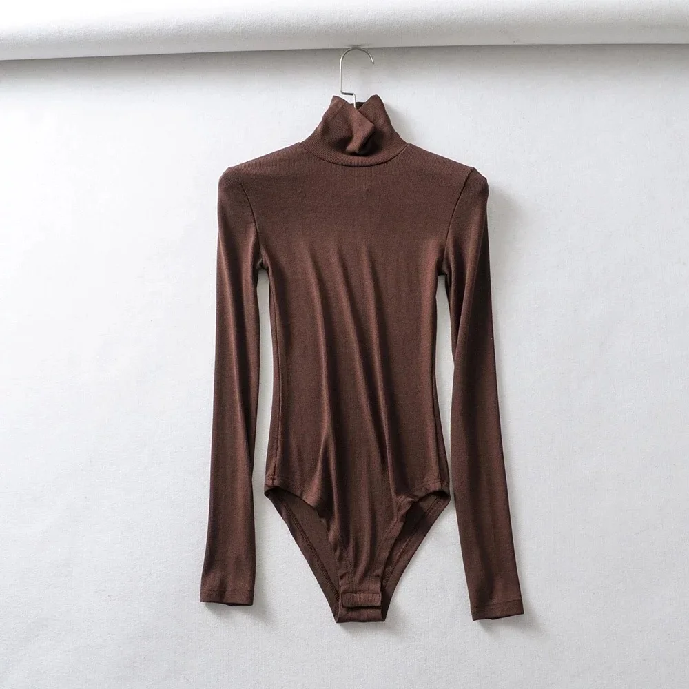 Yanueun, весна-осень, новинка, однотонный боди с высоким воротом, Женский Облегающий мягкий базовый комбинезон с длинным рукавом для женщин, боди - Цвет: Coffee