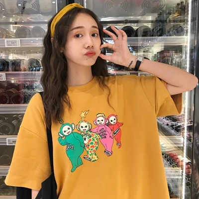 yellow Женская футболка Ulzzang Kawaii в Корейском стиле, одежда с милым мультяшным принтом, хлопковая Футболка Harajuku, уличная футболка, топы - Цвет: yellow